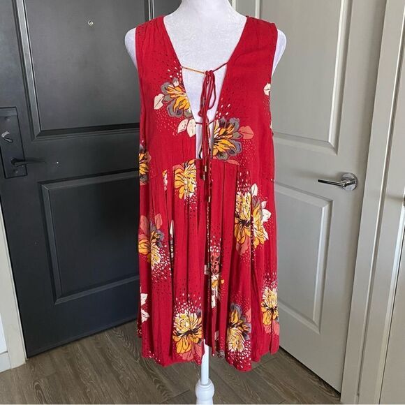 Free People Lovely Day Red Printed Tunic Boho Style Mini Dress Size S - Picture 1 of 9